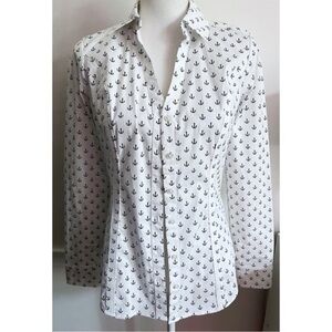 Express • The Essential Shirt White Navy Anchor Pattern Blouse